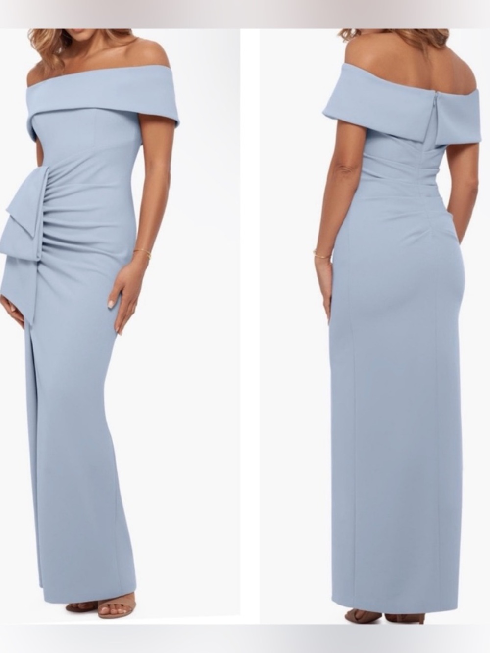 Xscape Off Shoulder Blue Evening‎ Gown Bow Detail Formal Maxi Dress Size 12 NWT